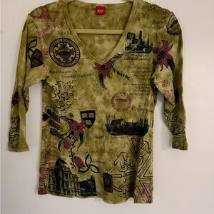 Glimmer Olive Graphic Long Sleeve Women's Top